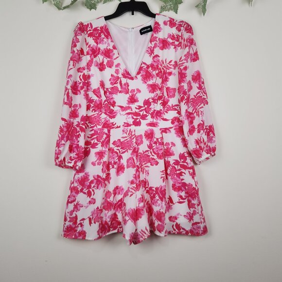 SUGAR LIPS Size L Floral Pink White Long Sleeve V-Neck Romper with Pockets - Picture 1 of 8